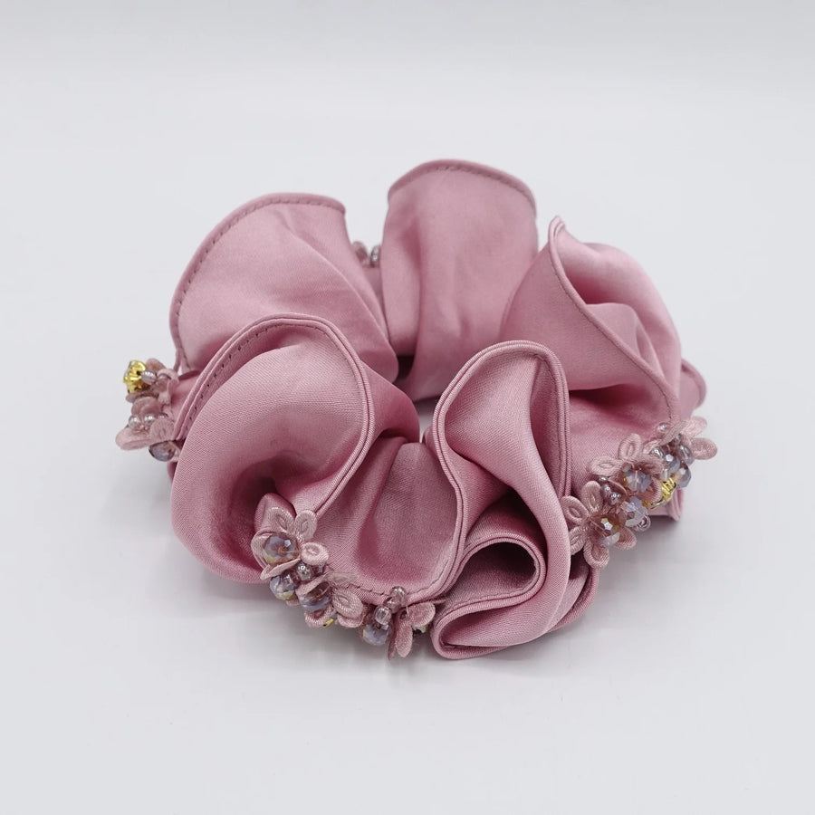 Satin Scrunchie, Bead and Flower Edge