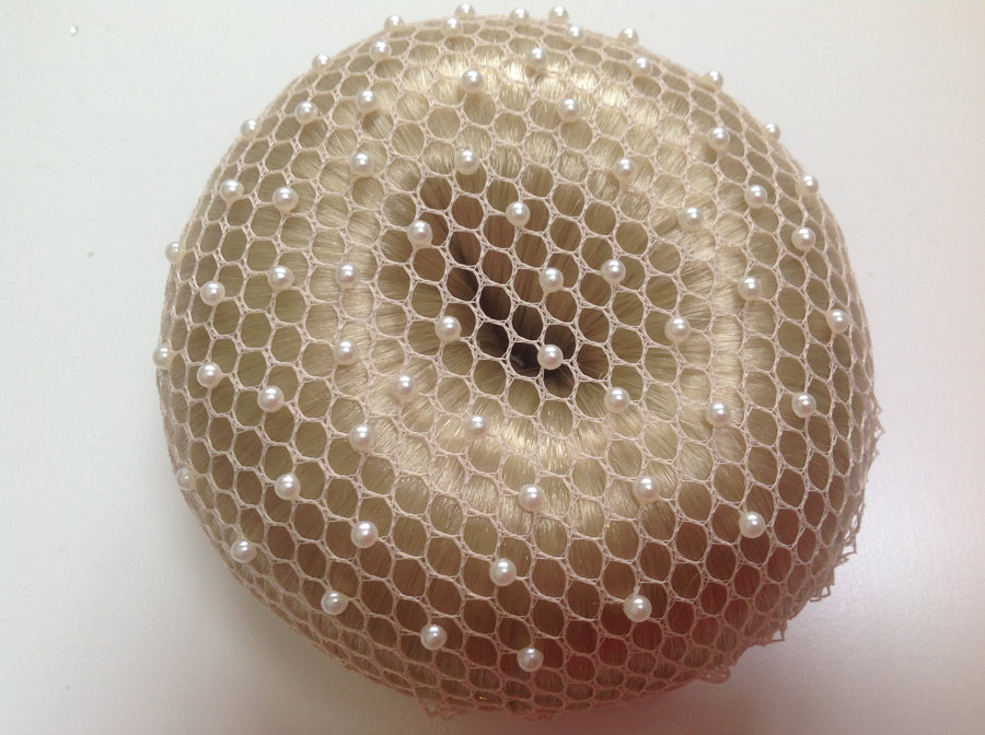 Fine Beige mesh bun nets plain, swarovski Crystals and Pearls